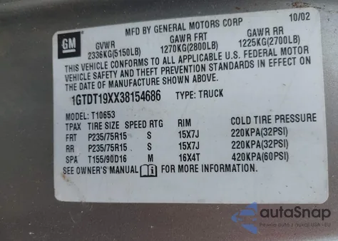 2003 GMC Sonoma Sls из США, поврежденный, VIN 1GTDT19XX38154686